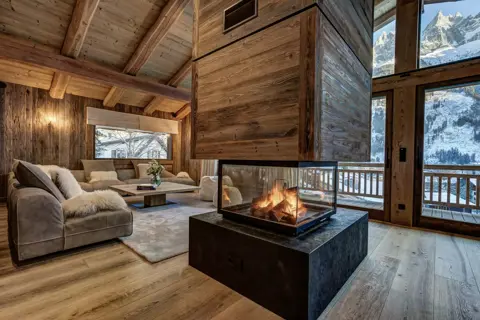 Chalet Azurite, Chamonix (self catered chalet) - Living area with fireplace (©Adam Johnston)